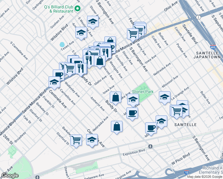 map of restaurants, bars, coffee shops, grocery stores, and more near 1730 Brockton Avenue in Los Angeles