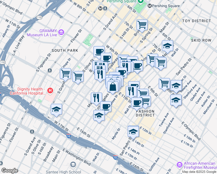 map of restaurants, bars, coffee shops, grocery stores, and more near 1104 South Los Angeles Street in Los Angeles