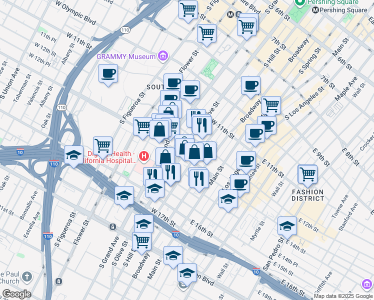 map of restaurants, bars, coffee shops, grocery stores, and more near 222 West Pico Boulevard in Los Angeles