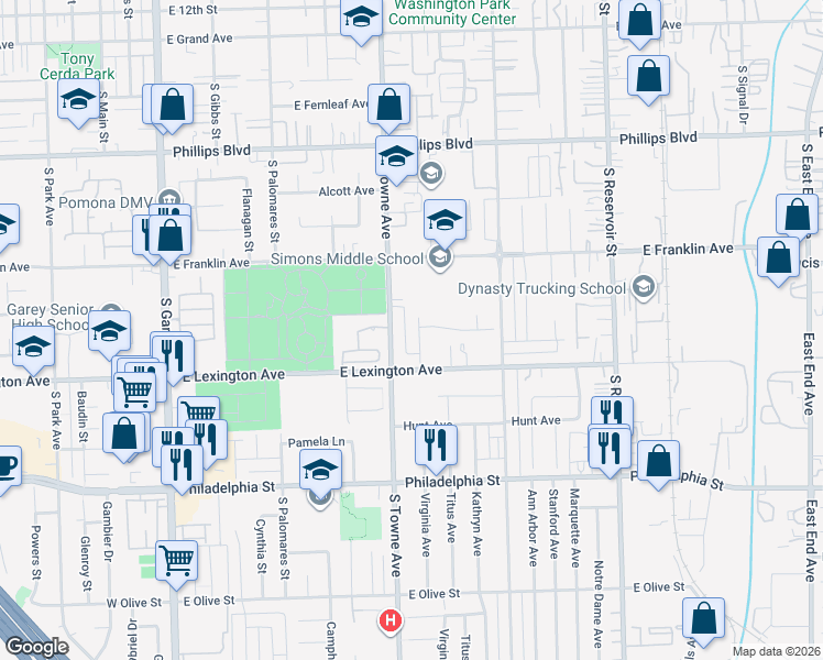 map of restaurants, bars, coffee shops, grocery stores, and more near 1838 Trojan Way in Pomona