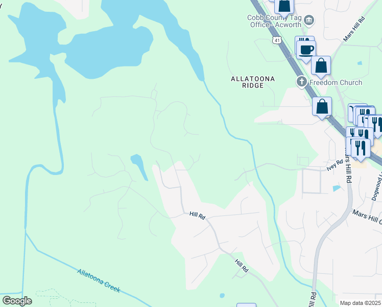 map of restaurants, bars, coffee shops, grocery stores, and more near 3370 Hill Forest Trail in Acworth