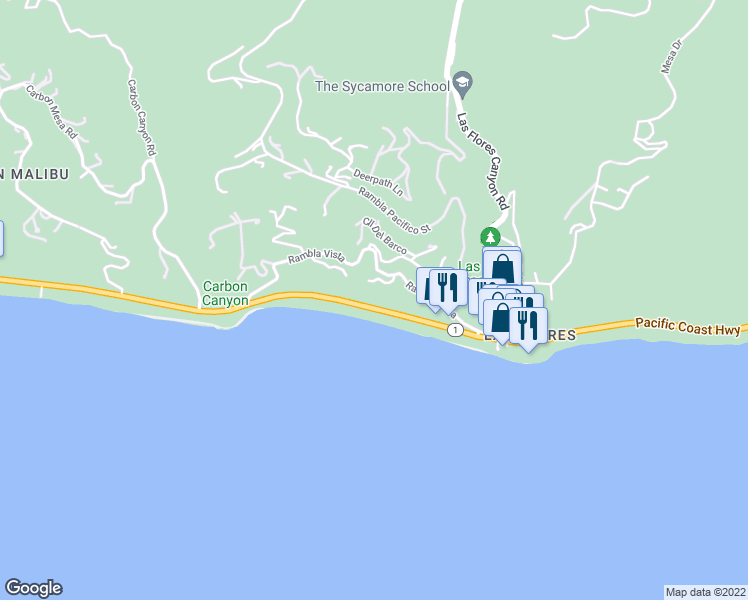 map of restaurants, bars, coffee shops, grocery stores, and more near 21469 Pacific Coast Highway in Malibu