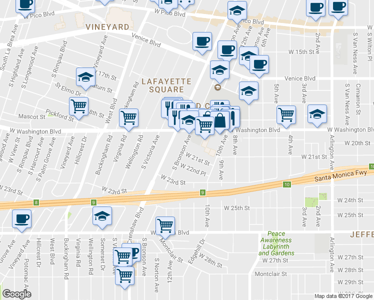 map of restaurants, bars, coffee shops, grocery stores, and more near 1946 South Bronson Avenue in Los Angeles