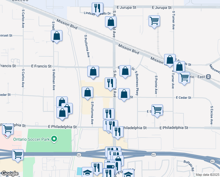 map of restaurants, bars, coffee shops, grocery stores, and more near 1910 South Archibald Avenue in Ontario