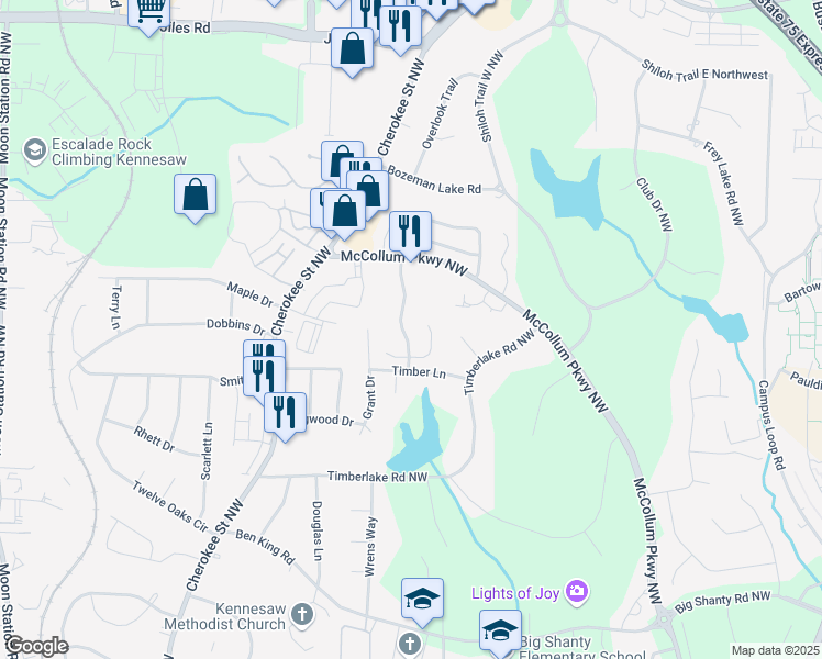 map of restaurants, bars, coffee shops, grocery stores, and more near 3526 Kennesaw Station Drive in Kennesaw
