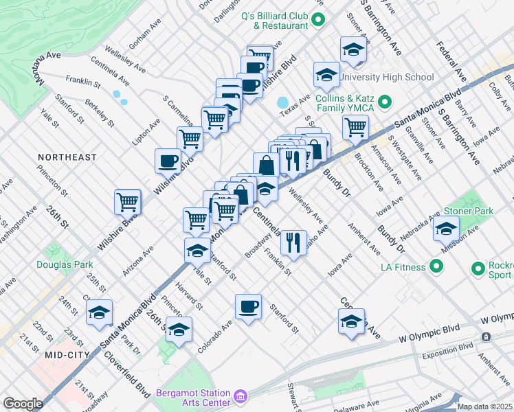 map of restaurants, bars, coffee shops, grocery stores, and more near 1427 Centinela Avenue in Santa Monica
