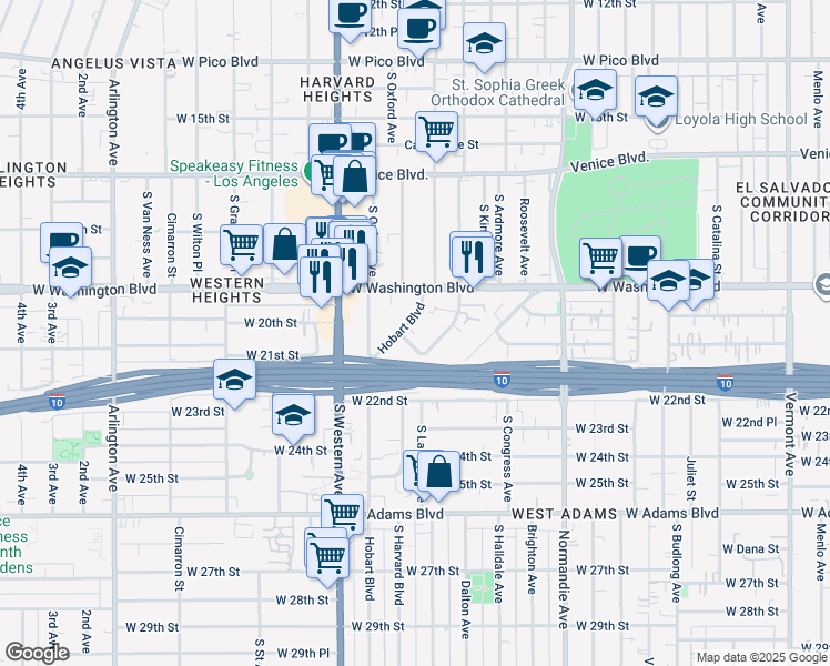 map of restaurants, bars, coffee shops, grocery stores, and more near 2100 South Hobart Boulevard in Los Angeles