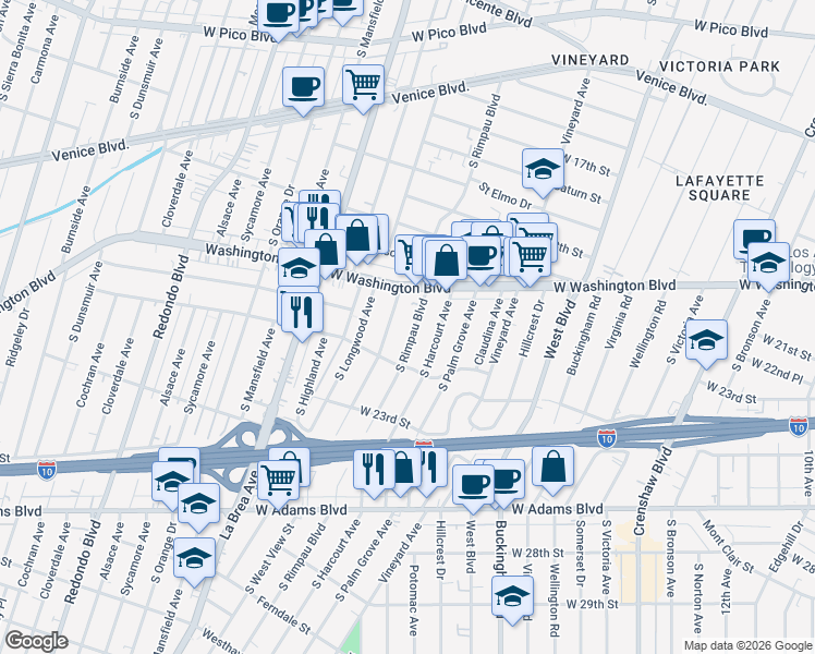 map of restaurants, bars, coffee shops, grocery stores, and more near 1949 South Rimpau Boulevard in Los Angeles