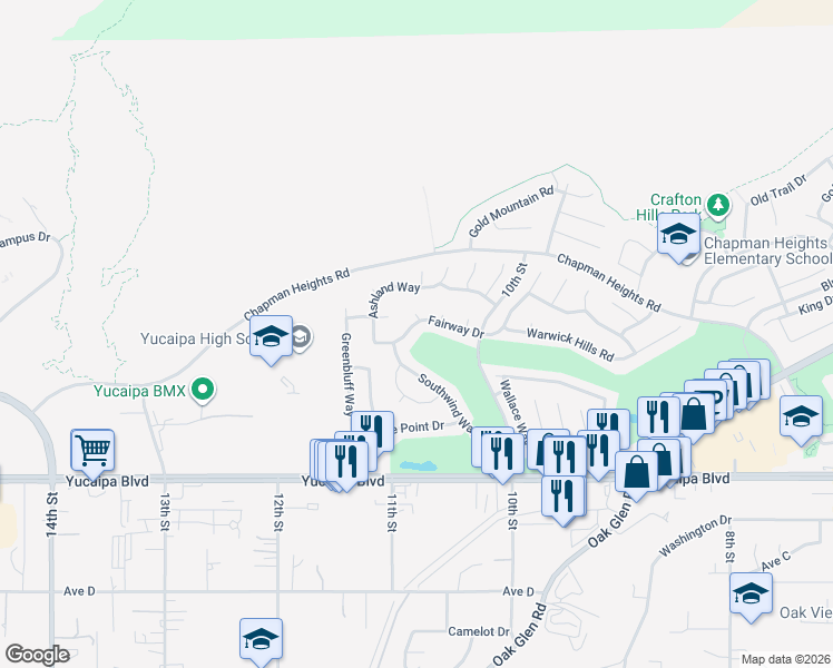 map of restaurants, bars, coffee shops, grocery stores, and more near 33131 Fairway Drive in Yucaipa
