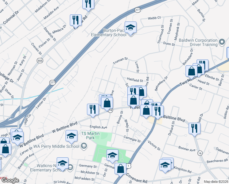 map of restaurants, bars, coffee shops, grocery stores, and more near 2943 English Avenue in Columbia
