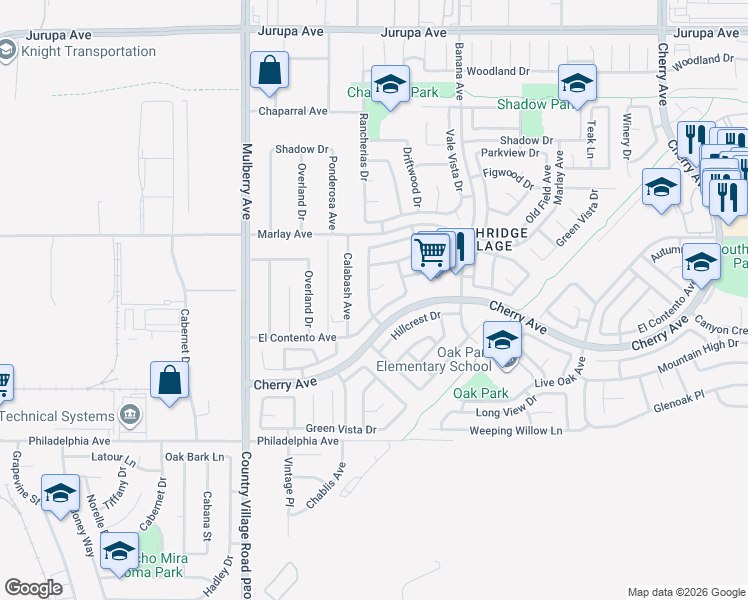 map of restaurants, bars, coffee shops, grocery stores, and more near 13965 El Contento Avenue in Fontana