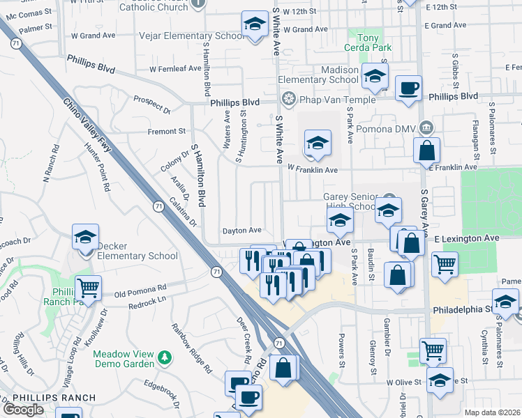 map of restaurants, bars, coffee shops, grocery stores, and more near 1834 Morrison Street in Pomona