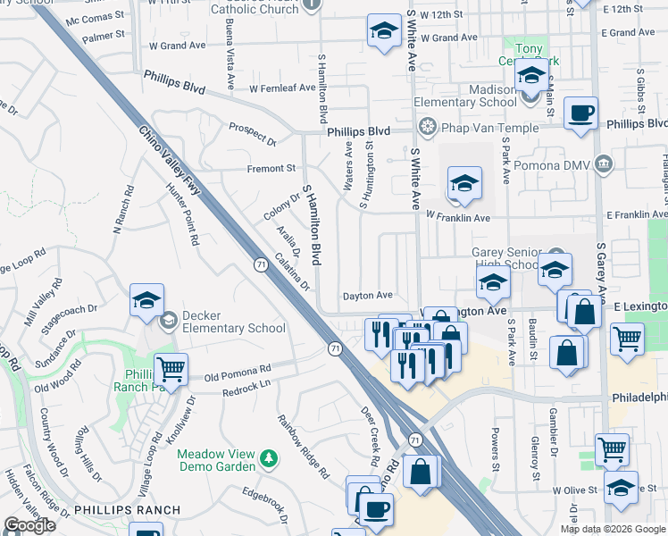 map of restaurants, bars, coffee shops, grocery stores, and more near 1830 Waters Avenue in Pomona