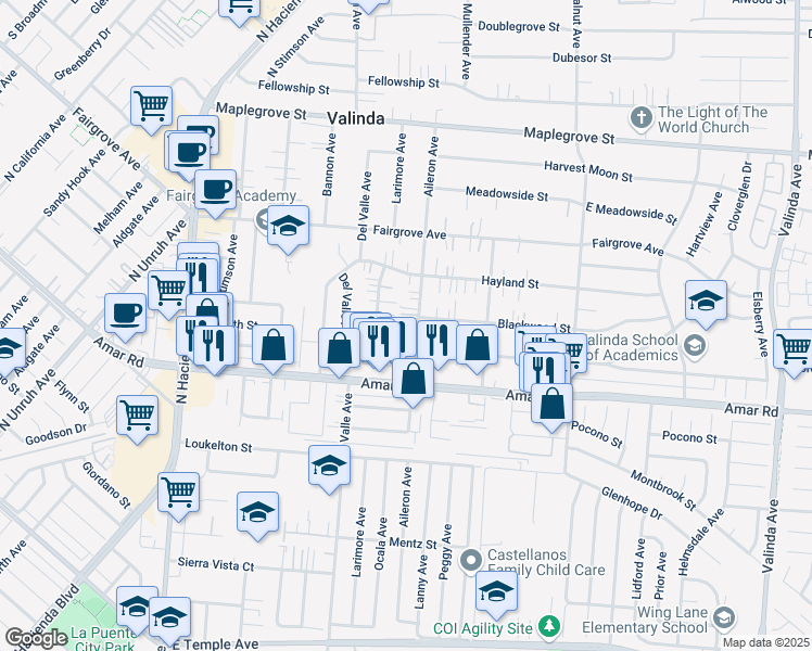 map of restaurants, bars, coffee shops, grocery stores, and more near 1054 Aileron Avenue in La Puente