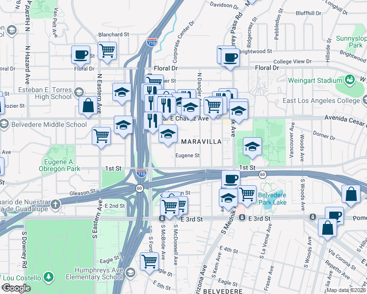 map of restaurants, bars, coffee shops, grocery stores, and more near 4540 Michigan Avenue in Los Angeles