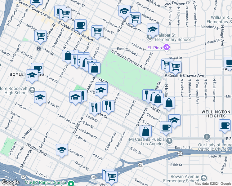map of restaurants, bars, coffee shops, grocery stores, and more near 115 South Fresno Street in Los Angeles