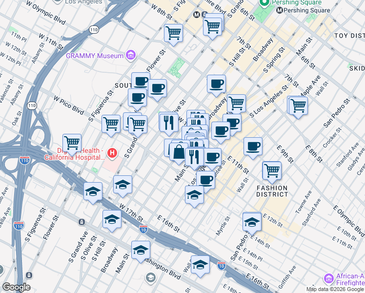 map of restaurants, bars, coffee shops, grocery stores, and more near 120 West 12th Street in Los Angeles
