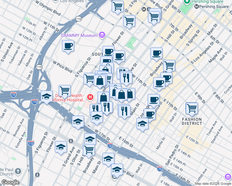 map of restaurants, bars, coffee shops, grocery stores, and more near 222 West Pico Boulevard in Los Angeles
