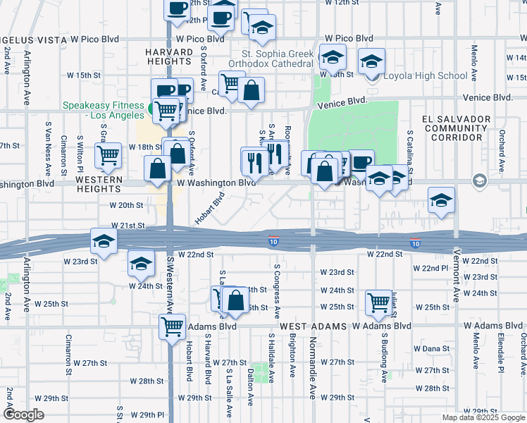 map of restaurants, bars, coffee shops, grocery stores, and more near 2022 South La Salle Avenue in Los Angeles