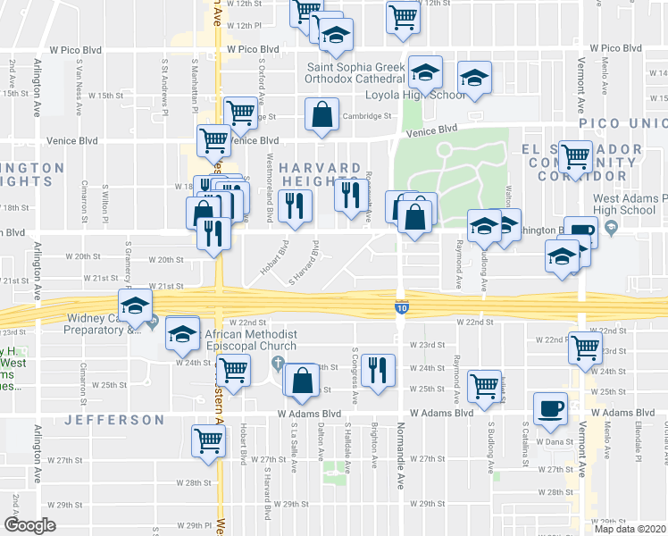 map of restaurants, bars, coffee shops, grocery stores, and more near 2022 South La Salle Avenue in Los Angeles