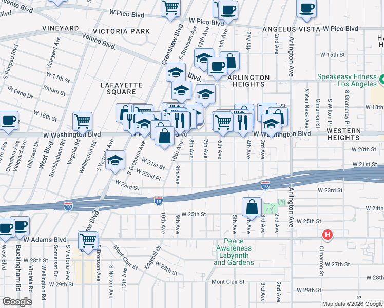map of restaurants, bars, coffee shops, grocery stores, and more near 2034 8th Avenue in Los Angeles