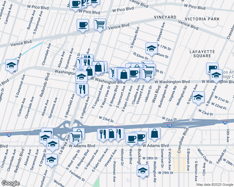 map of restaurants, bars, coffee shops, grocery stores, and more near 2006 South Rimpau Boulevard in Los Angeles