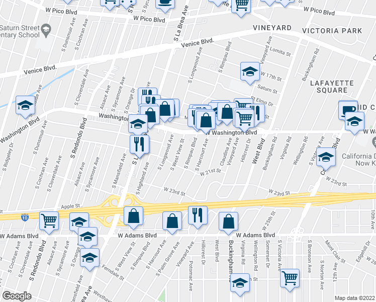 map of restaurants, bars, coffee shops, grocery stores, and more near 2006 South Rimpau Boulevard in Los Angeles