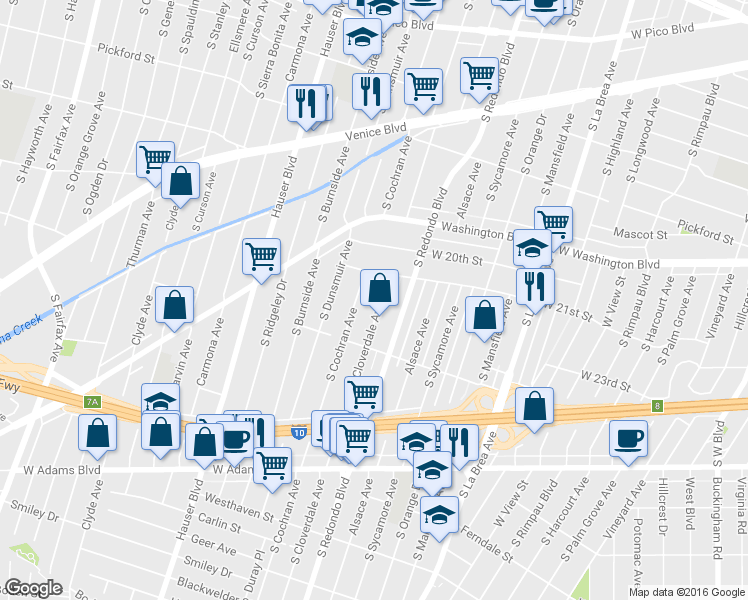 map of restaurants, bars, coffee shops, grocery stores, and more near 2214 South Cochran Avenue in Los Angeles