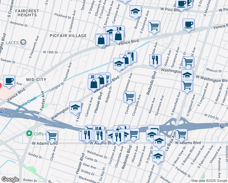 map of restaurants, bars, coffee shops, grocery stores, and more near 2117 South Burnside Avenue in Los Angeles