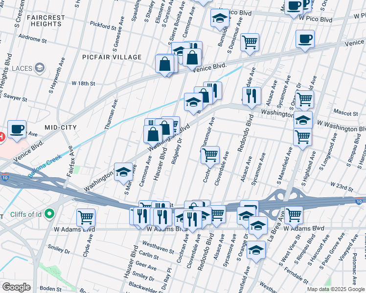 map of restaurants, bars, coffee shops, grocery stores, and more near 2117 South Burnside Avenue in Los Angeles