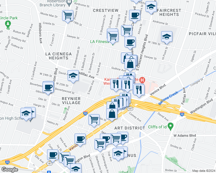 map of restaurants, bars, coffee shops, grocery stores, and more near 2333 South Garth Avenue in Los Angeles