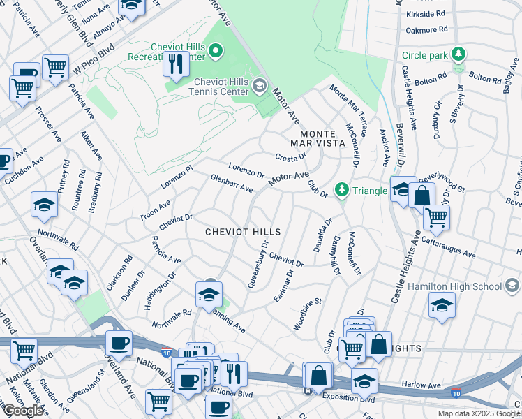 map of restaurants, bars, coffee shops, grocery stores, and more near 10268 Kincardine Avenue in Los Angeles