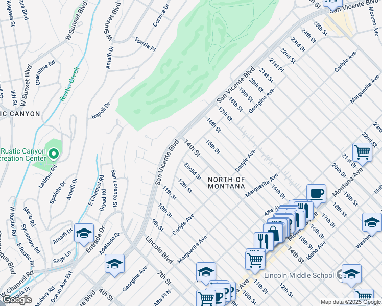 map of restaurants, bars, coffee shops, grocery stores, and more near 226 Euclid Court in Santa Monica