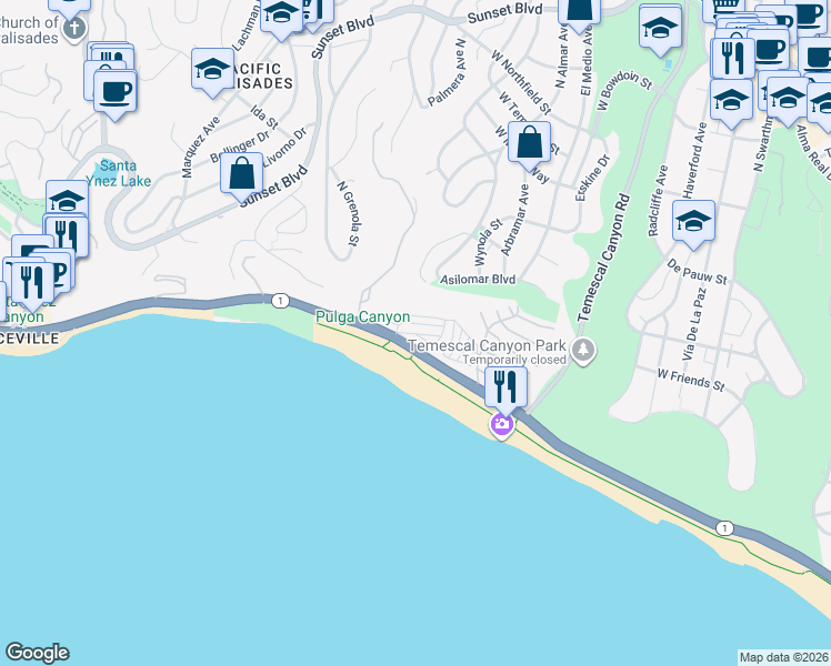 map of restaurants, bars, coffee shops, grocery stores, and more near in Los Angeles