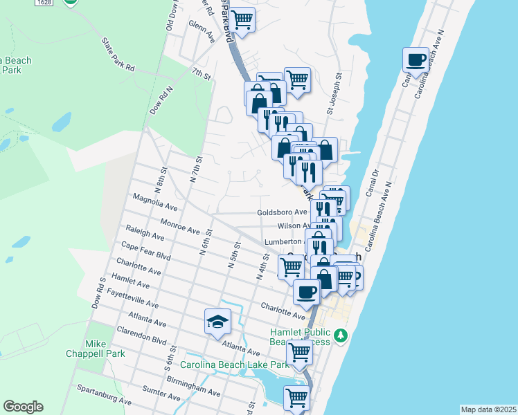 map of restaurants, bars, coffee shops, grocery stores, and more near 405 Goldsboro Avenue in Carolina Beach