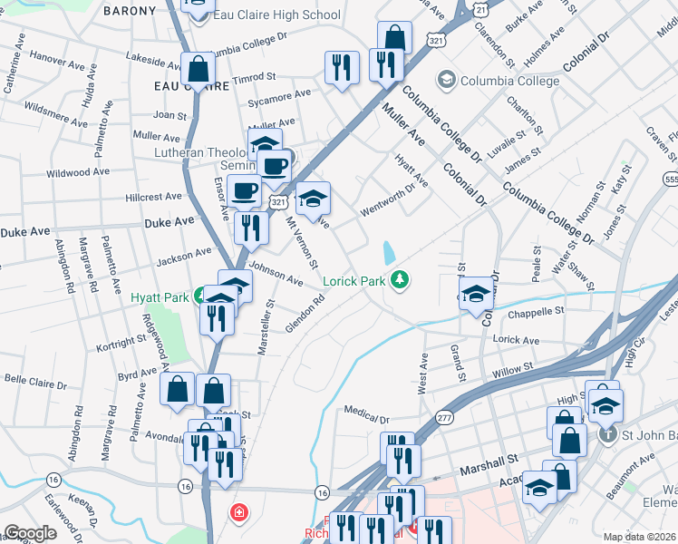 map of restaurants, bars, coffee shops, grocery stores, and more near 4104 Glendon Road in Columbia