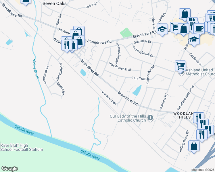 map of restaurants, bars, coffee shops, grocery stores, and more near 3212 Bush River Road in Columbia