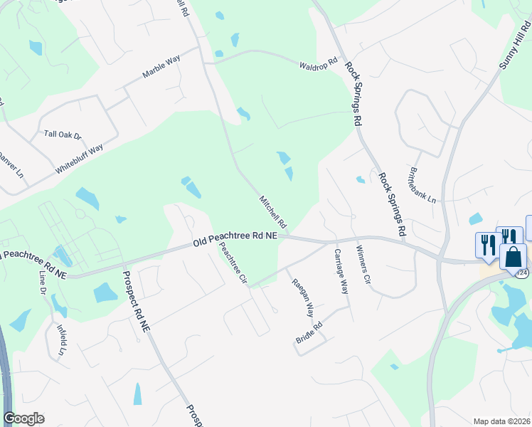 map of restaurants, bars, coffee shops, grocery stores, and more near 1558 Old Peachtree Road Northeast in Lawrenceville