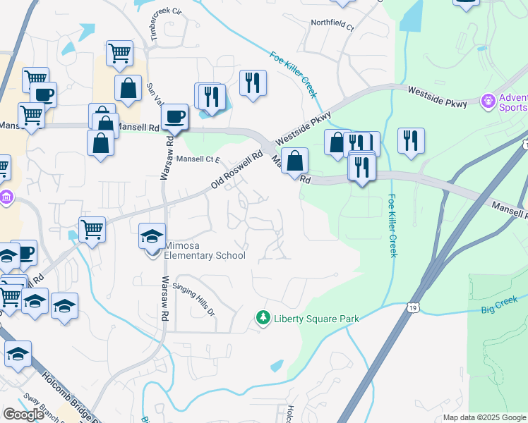 map of restaurants, bars, coffee shops, grocery stores, and more near 401-499 Kingspoint Ln in Roswell