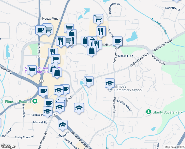 map of restaurants, bars, coffee shops, grocery stores, and more near 240 Walker Avenue in Roswell