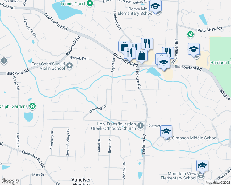 map of restaurants, bars, coffee shops, grocery stores, and more near 3569 Ulster Lane Northeast in Marietta