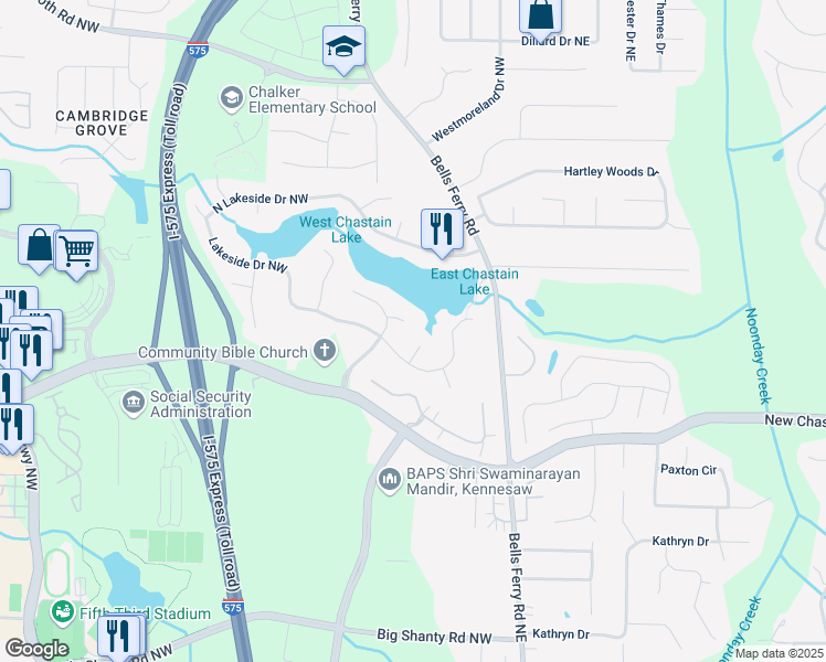 map of restaurants, bars, coffee shops, grocery stores, and more near 157 Eastlake Point in Kennesaw