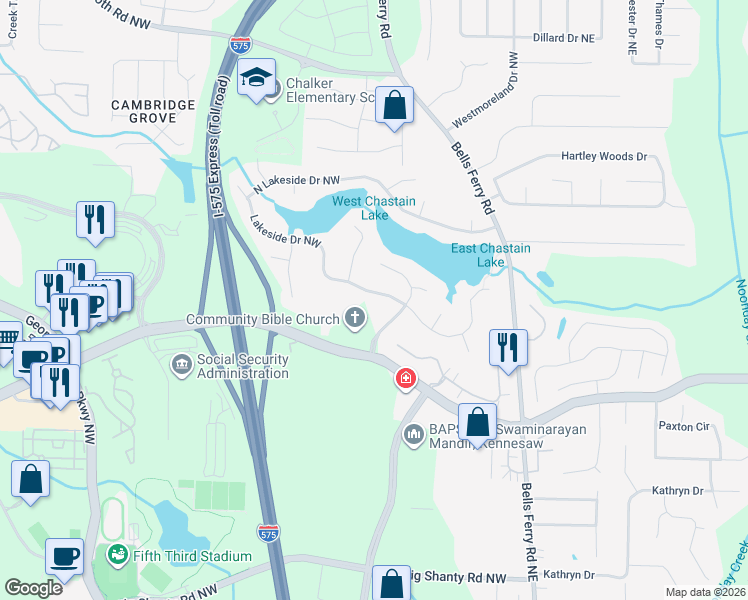 map of restaurants, bars, coffee shops, grocery stores, and more near 153 Lakeside Drive Northwest in Kennesaw