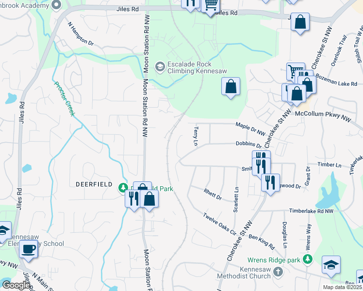 map of restaurants, bars, coffee shops, grocery stores, and more near 4510 Virginia Avenue in Kennesaw