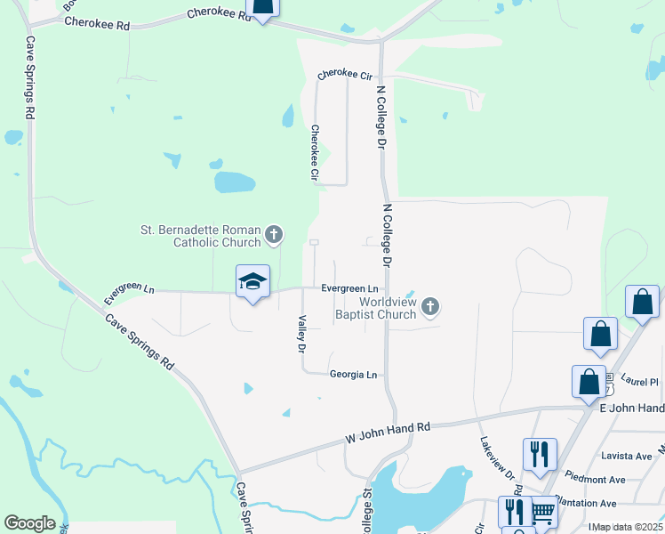 map of restaurants, bars, coffee shops, grocery stores, and more near 106 Evergreen Lane in Cedartown