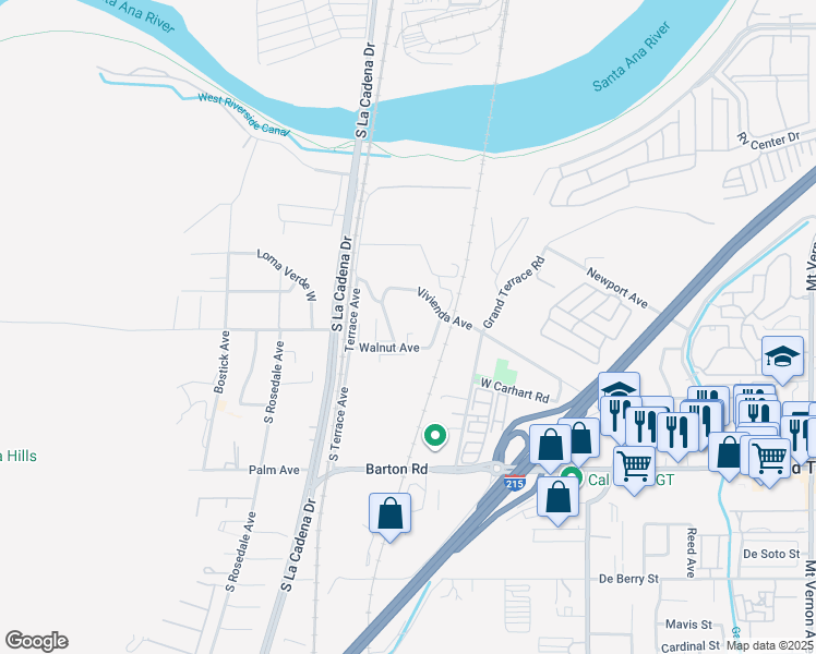 map of restaurants, bars, coffee shops, grocery stores, and more near 21808 Walnut Avenue in Grand Terrace