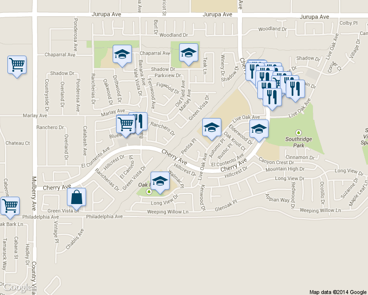 map of restaurants, bars, coffee shops, grocery stores, and more near 11864 Perlita Place in Fontana