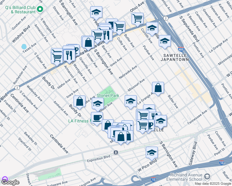 map of restaurants, bars, coffee shops, grocery stores, and more near 11759 Missouri Avenue in Los Angeles