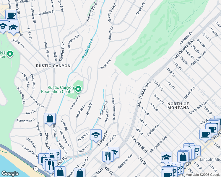 map of restaurants, bars, coffee shops, grocery stores, and more near 719 San Lorenzo Street in Santa Monica