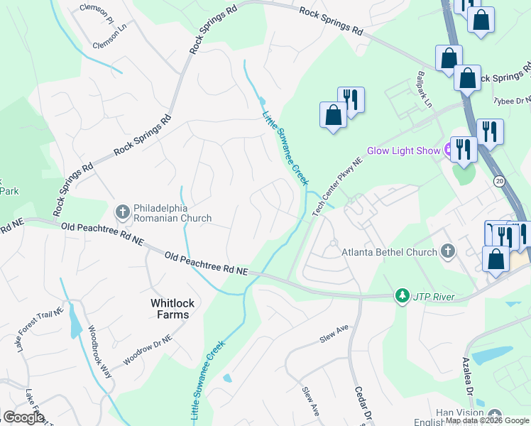 map of restaurants, bars, coffee shops, grocery stores, and more near 2599 Pierce Brennen Court Northeast in Lawrenceville